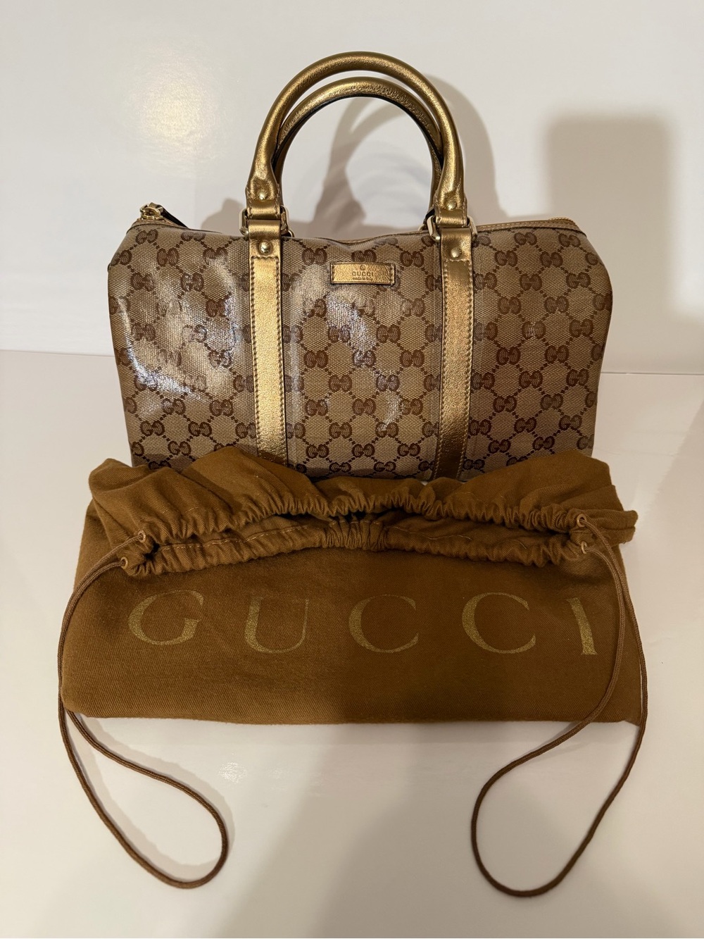 Gucci Brown GG Monogram Satchel with Gold Trim